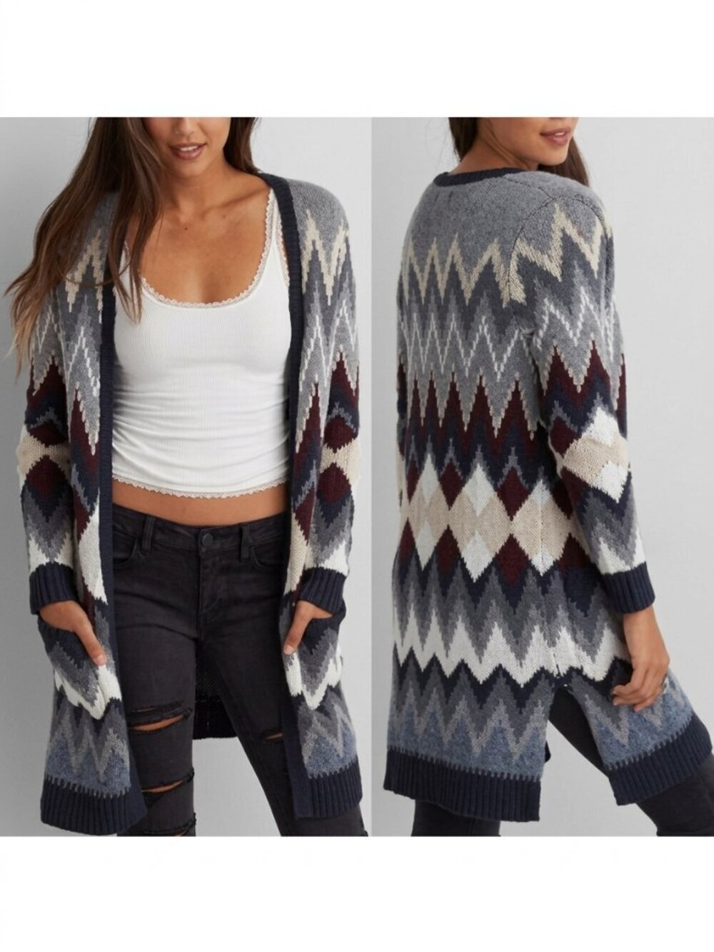 AMERICAN EAGLE Long Chevron Cardigan Gray Cream Navy Open Knit Boho Sweater 2016